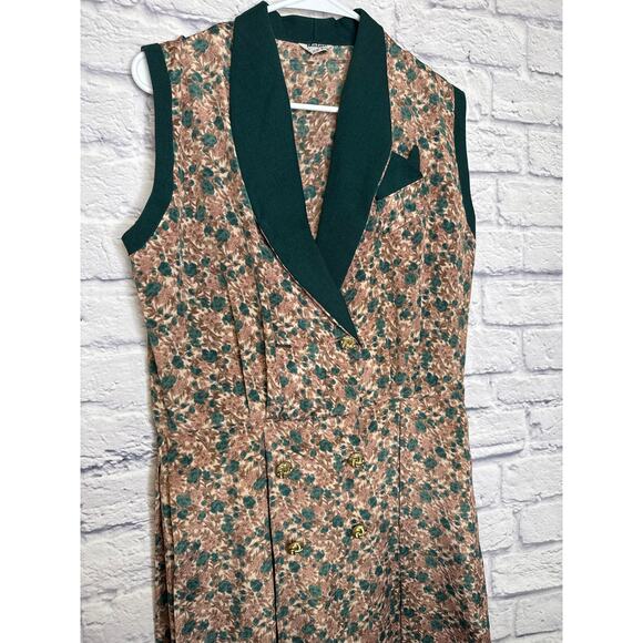 Malec Vintage Short Sleeveless Floral Dress Gold Buttons Emerald Trim SZ MEDIUM - Picture 3 of 6
